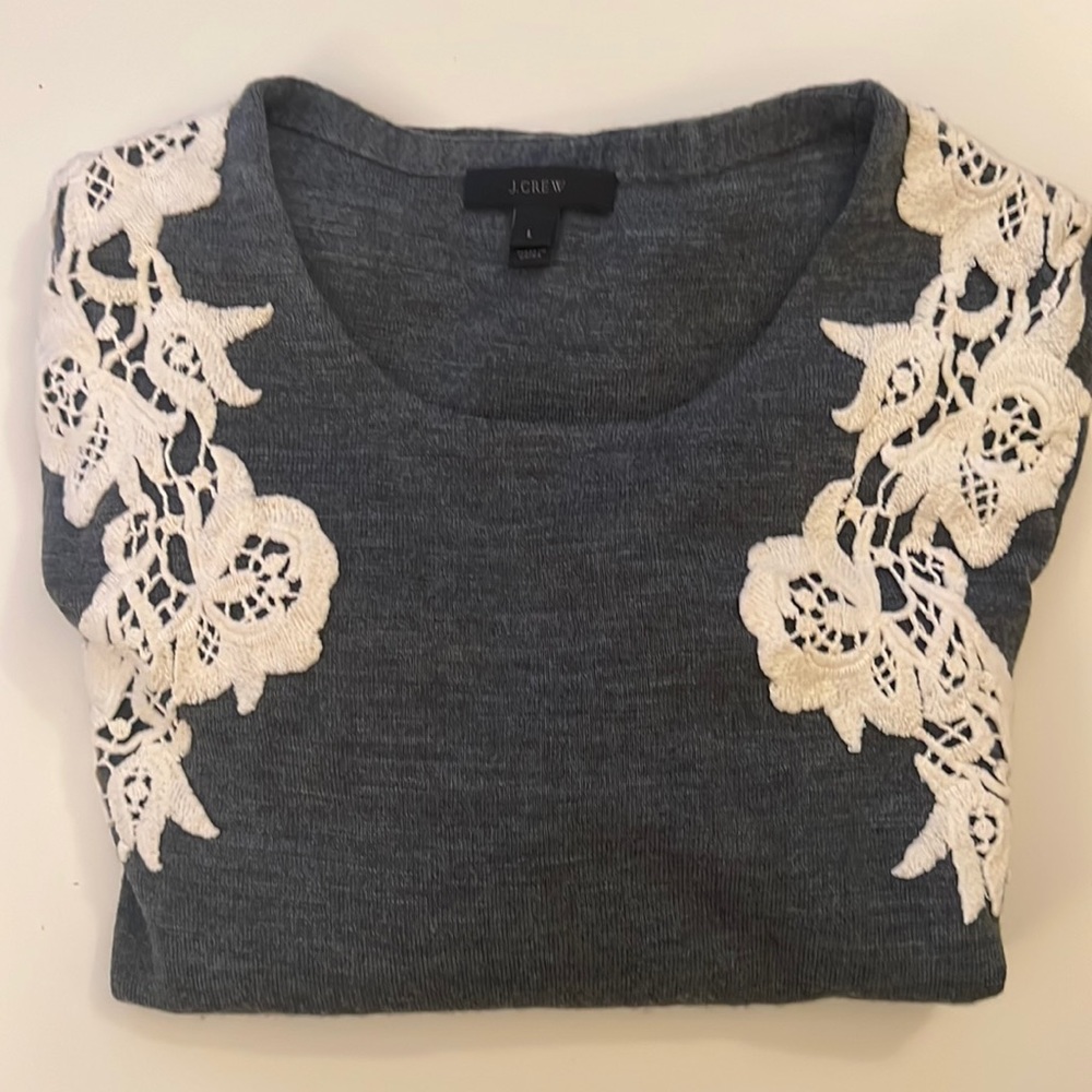 J.Crew Grey Merino Wool Blend Sweater w/ Lace Appliqué - Size Large